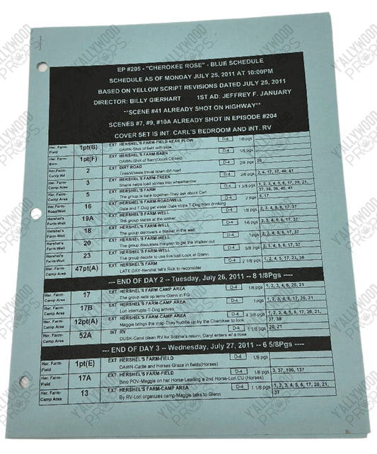 Blue Shooting Schedule S2E5 The Walking Dead Movie Prop Y'allywood Props