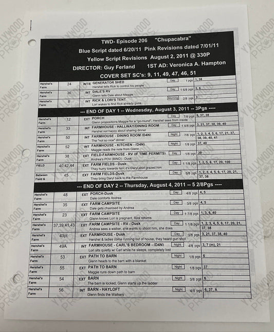 Shooting Schedule S2E6 The Walking Dead Movie Prop Y'allywood Props