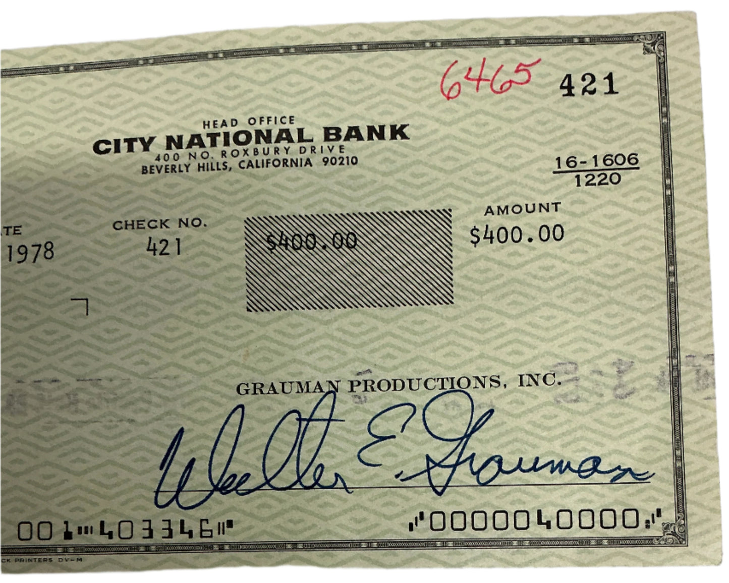 Walter Grauman Hand Signed Personal Check Autograph Y'allywood Props
