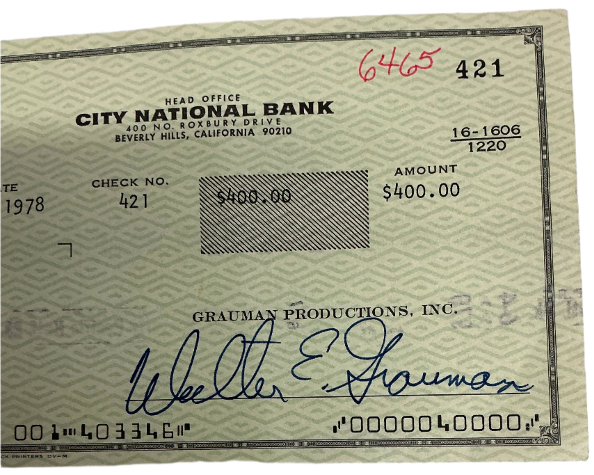 Walter Grauman Hand Signed Personal Check Autograph Y'allywood Props