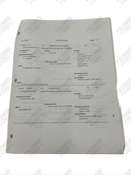 Shooting Schedule S2E1 The Walking Dead Movie Prop Y'allywood Props