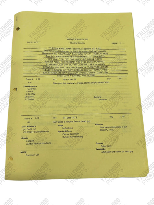 Yellow Schedule S2E2&E3 The Walking Dead Movie Prop Y'allywood Props