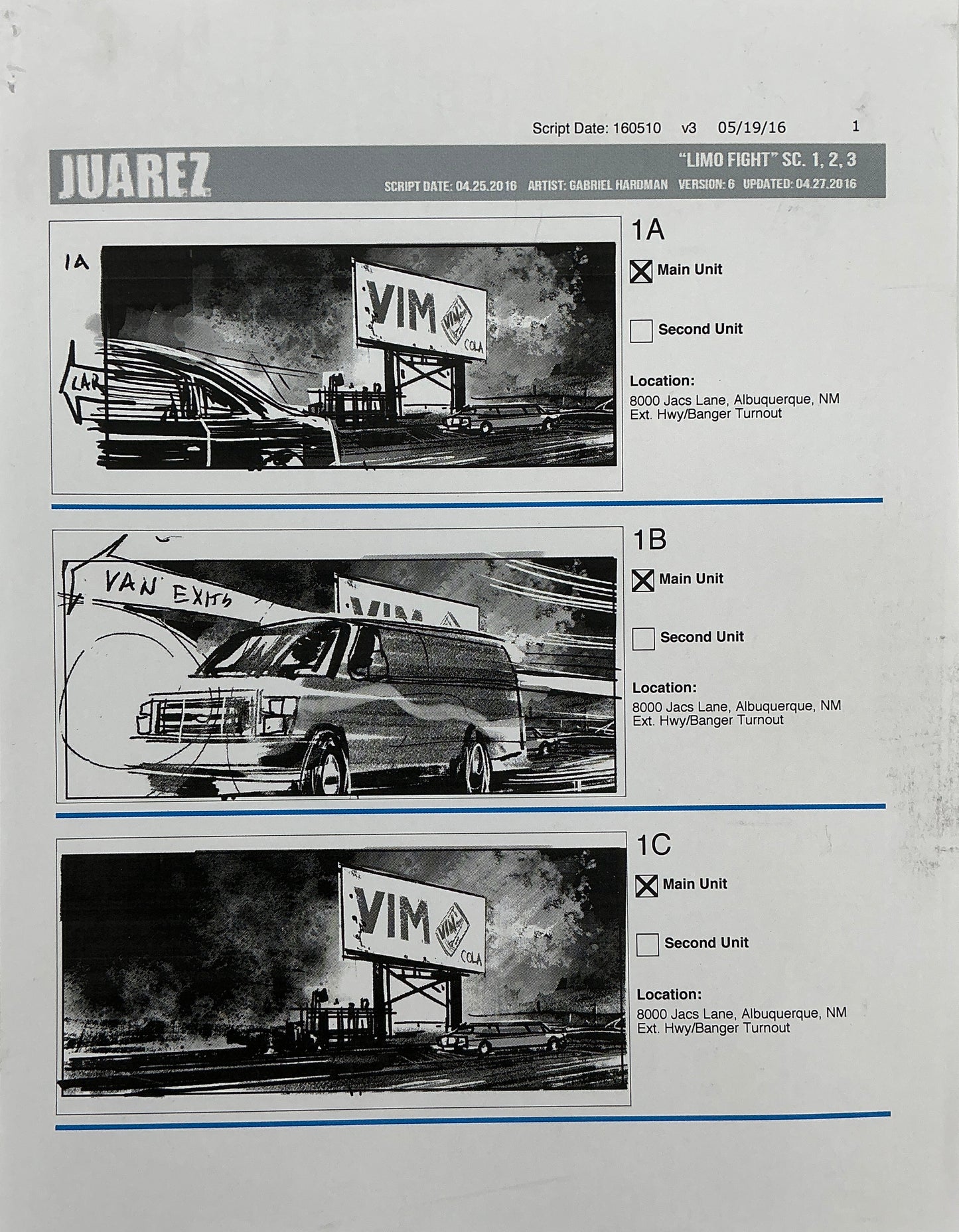 Storyboards Juarez Scenes 1-3 "Limo Fight" Logan (2017) Memorabilia Y'allywood Props Paper 1