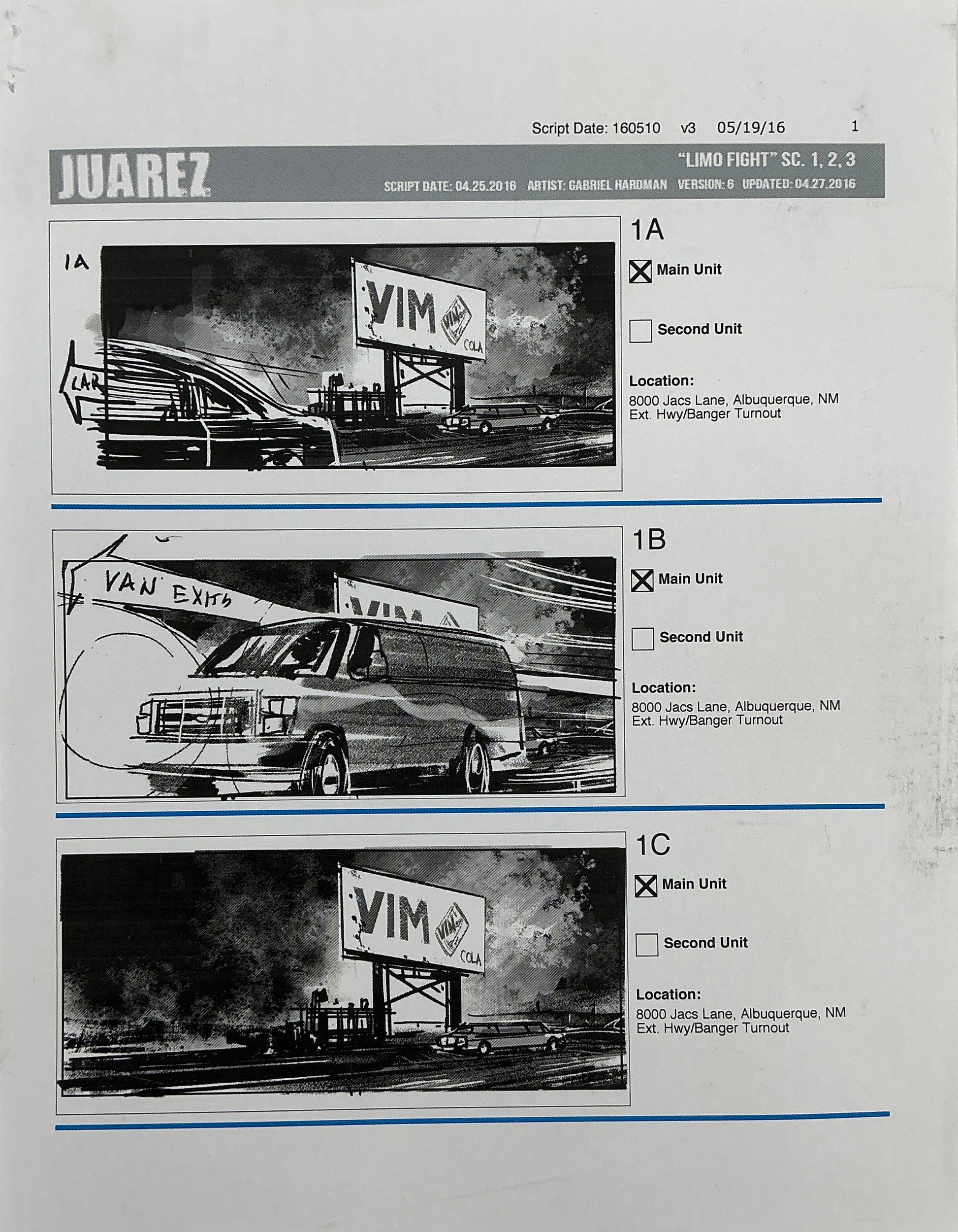 Storyboards Juarez Scenes 1-3 "Limo Fight" Logan (2017) Memorabilia Y'allywood Props Paper 1