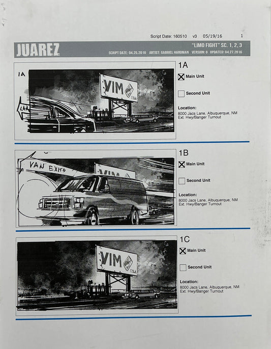 Storyboards Juarez Scenes 1-3 "Limo Fight" Logan (2017) Memorabilia Y'allywood Props Paper 1