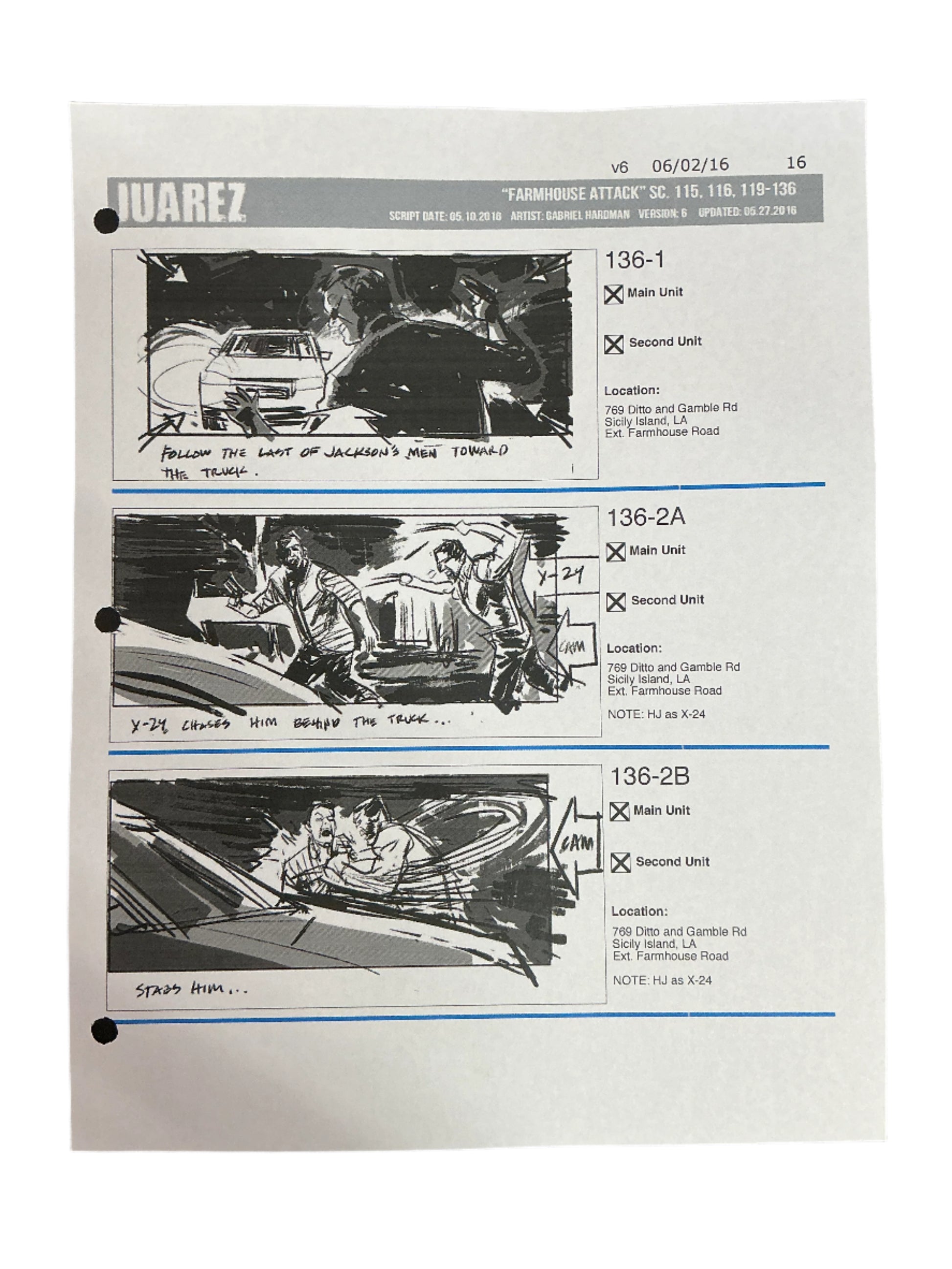 Storyboards Juarez Scene 115, 116, 119-136 Logan (2017) Memorabilia Y'allywood Props Paper 16