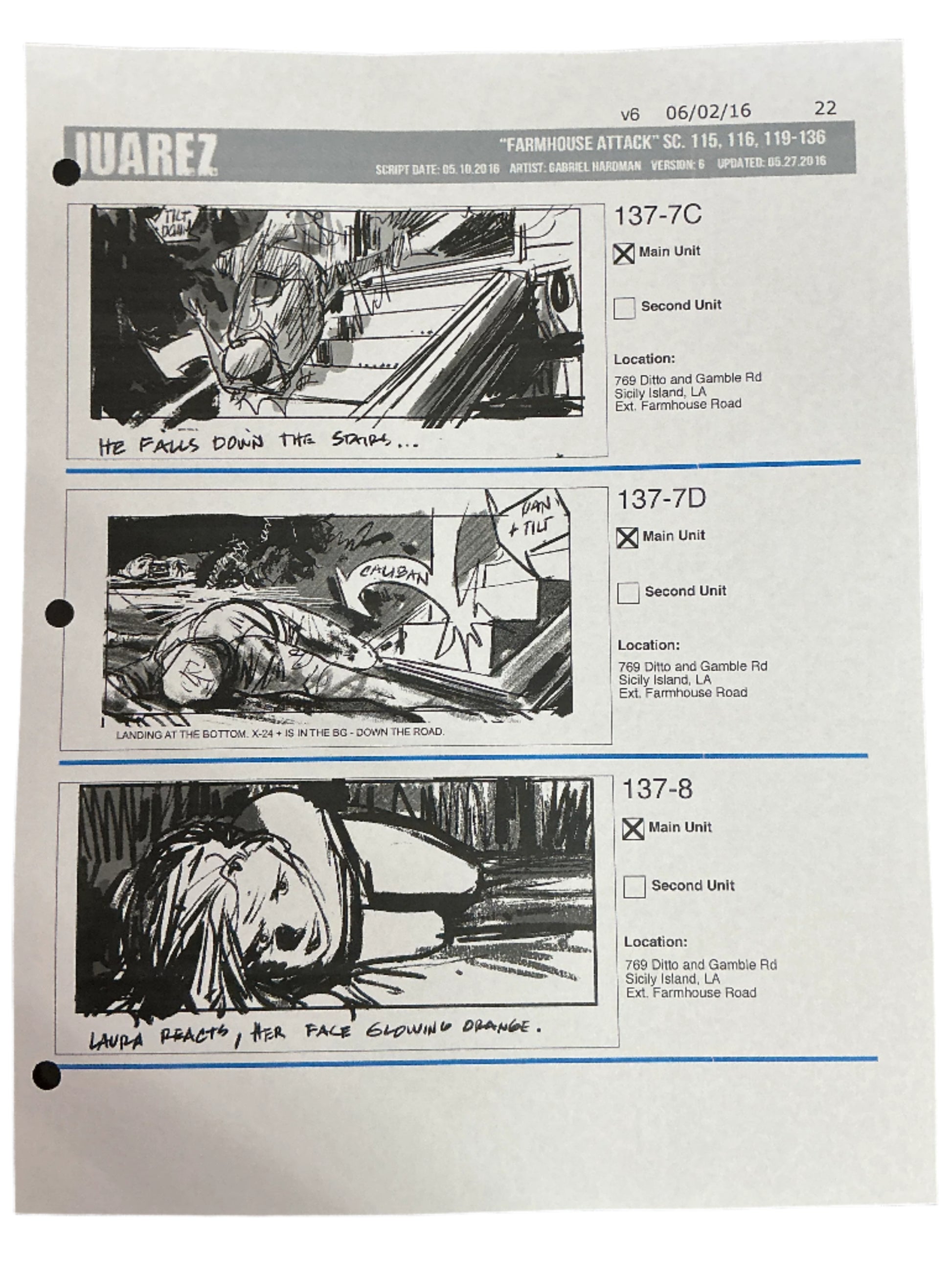 Storyboards Juarez Scene 115, 116, 119-136 Logan (2017) Memorabilia Y'allywood Props Paper 22