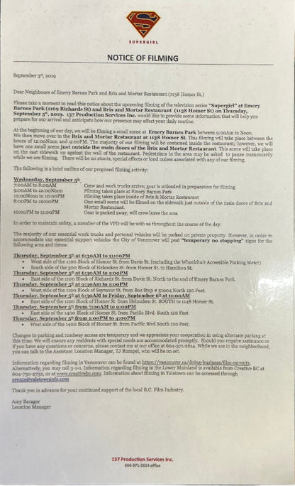 Notice of Filming Sign Supergirl (2015-2021) Film Memorabilia Y'allywood Props