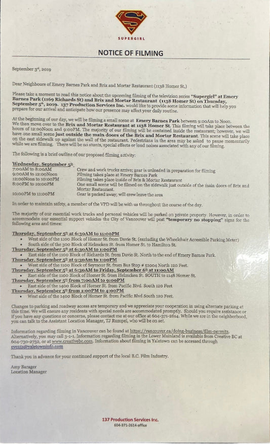 Notice of Filming Sign Supergirl (2015-2021) Film Memorabilia Y'allywood Props
