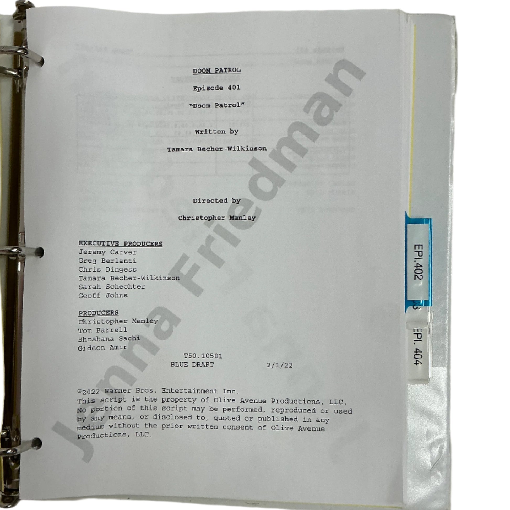 Scripts Episodes 401-405 Doom Patrol (2019) Movie Prop Y'allywood Props