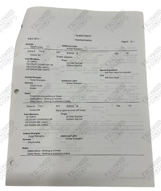 Shooting Schedule S2E6 The Walking Dead Movie Prop Y'allywood Props