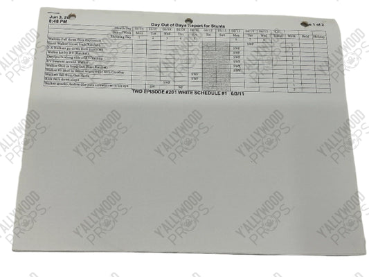 Day out of Days Report for Stunts S2E1 The Walking Dead Movie Prop Y'allywood Props