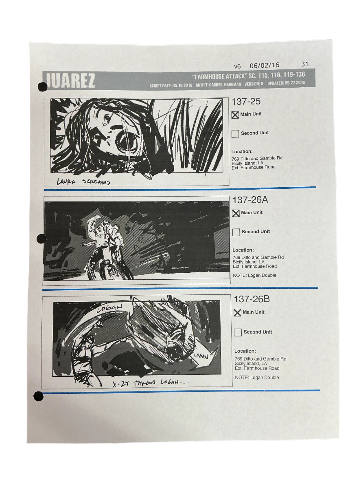 Storyboards Juarez Scene 115, 116, 119-136 Logan (2017)
