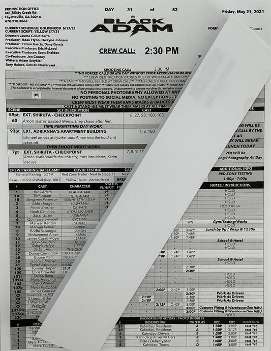 Call Sheet for Black Adam (2022) Memorabilia Y'allywood Props
