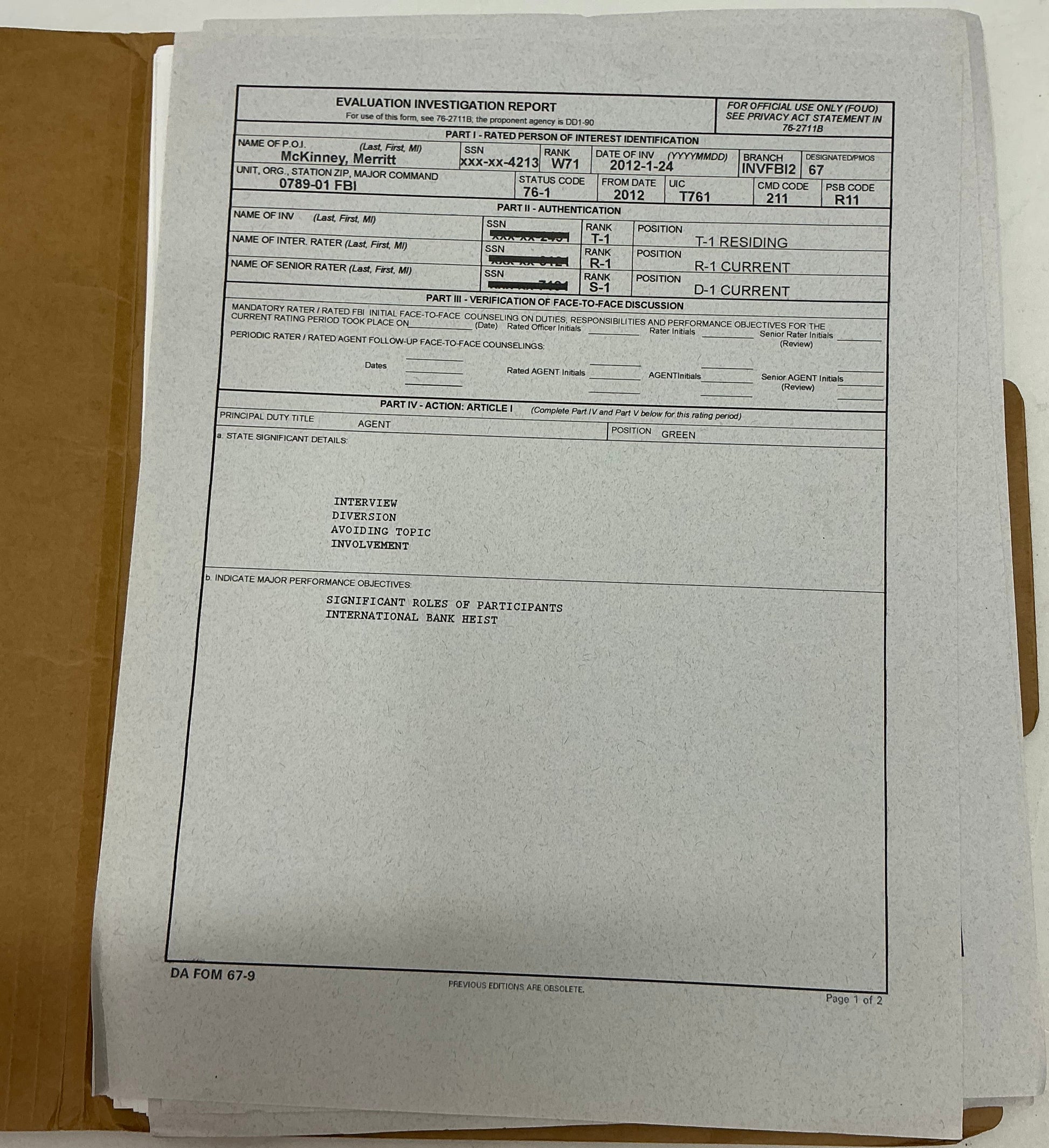 Merritt McKinney FBI File Now You See Me (2013) Memorabilia Y'allywood Props