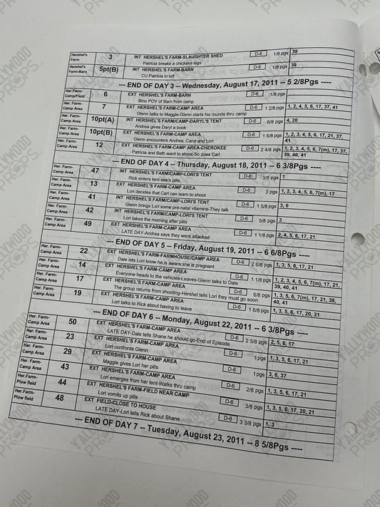 Prelim Shooting Schedule S2E7 The Walking Dead Movie Prop Y'allywood Props
