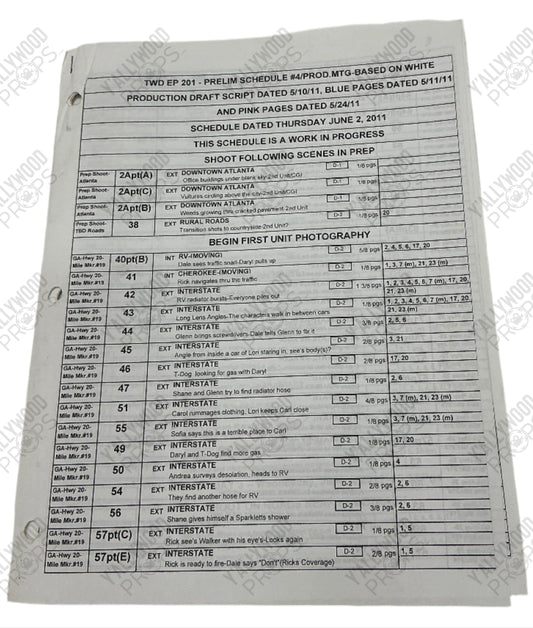 Prelim Shooting Schedule S2E1 The Walking Dead Movie Prop Y'allywood Props
