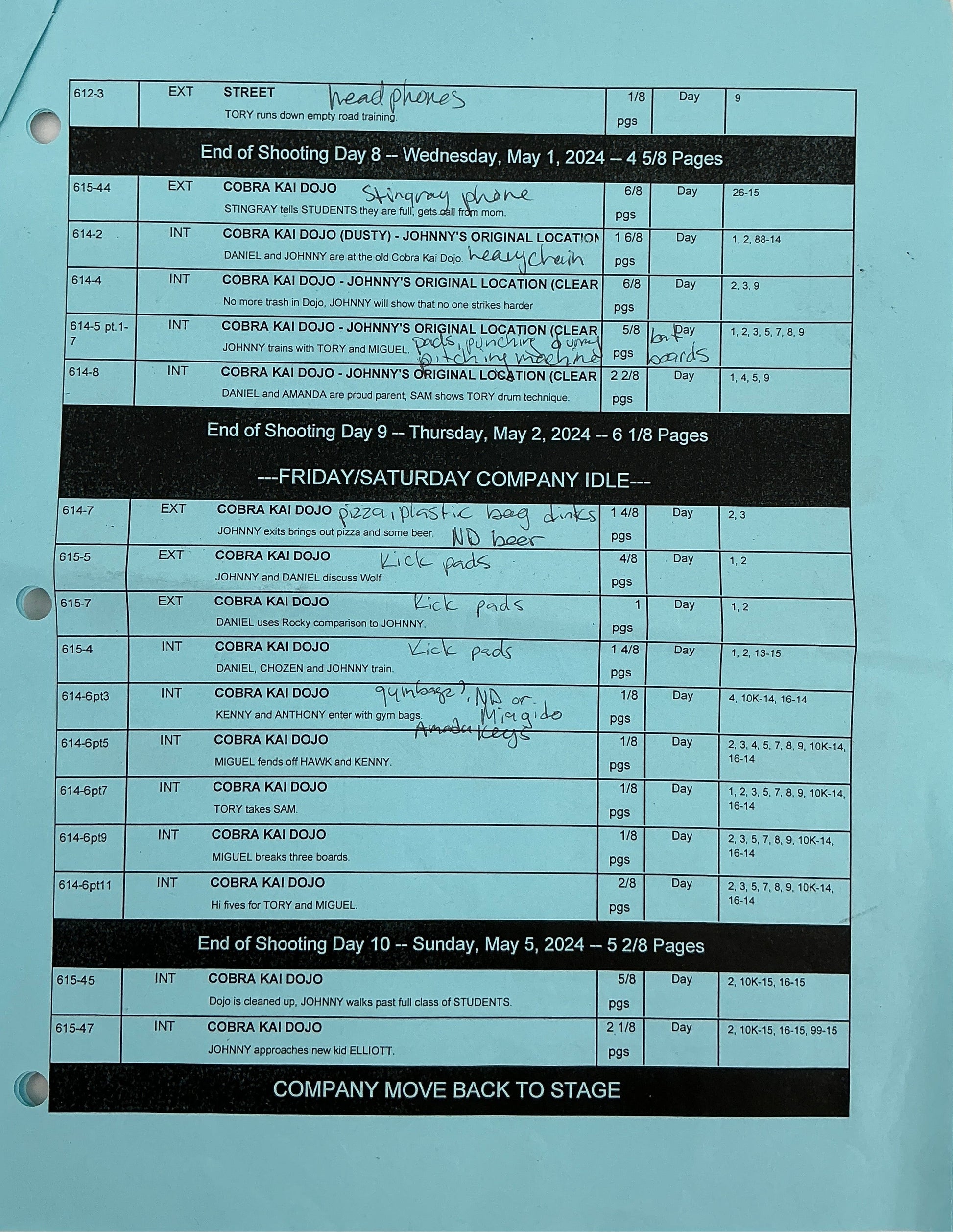 Shooting Schedule Season 6 Episodes 14 & 15 Cobra Kai Memorabilia Y'allywood Props