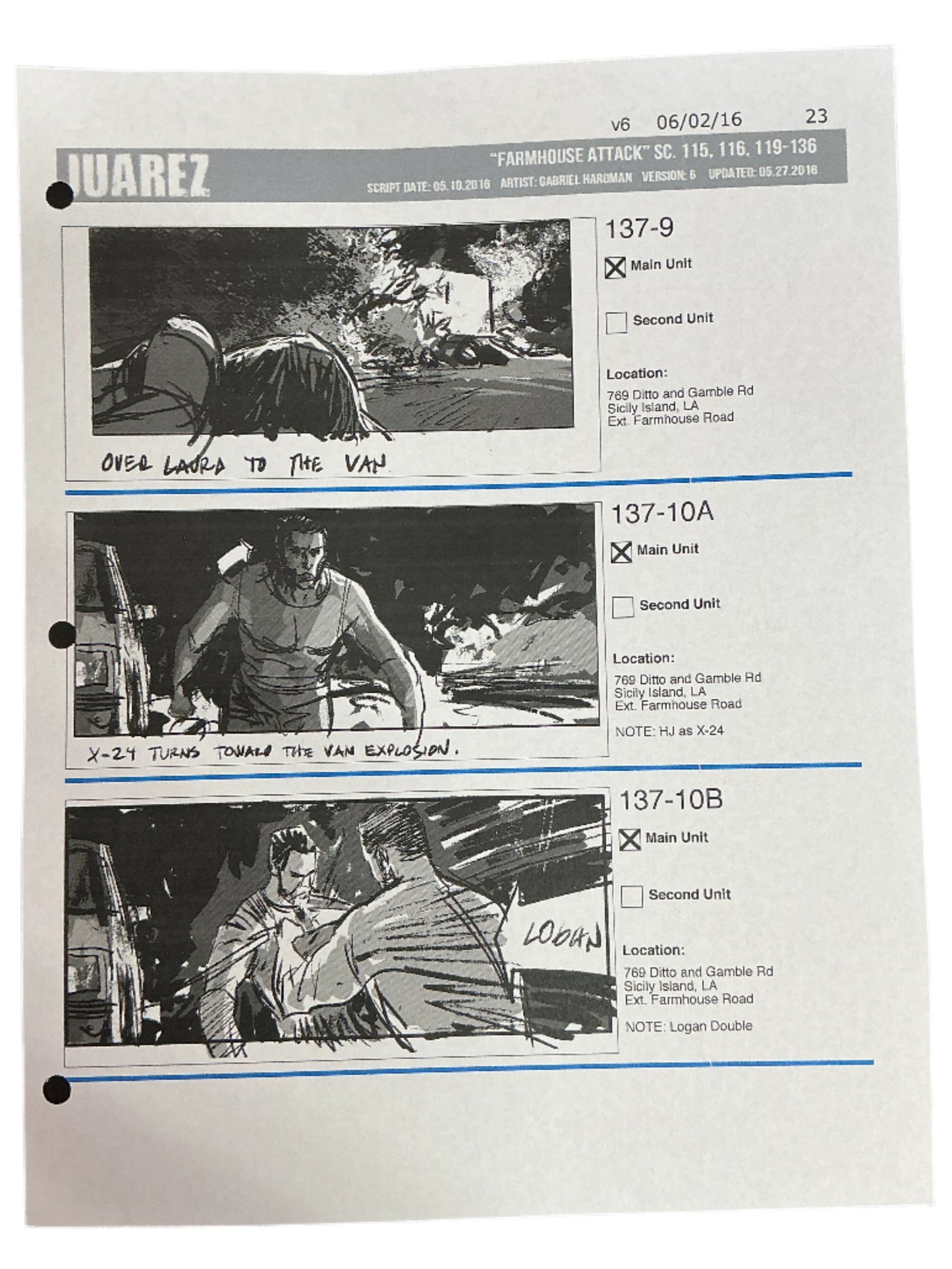 Storyboards Juarez Scene 115, 116, 119-136 Logan (2017) Memorabilia Y'allywood Props Paper 23