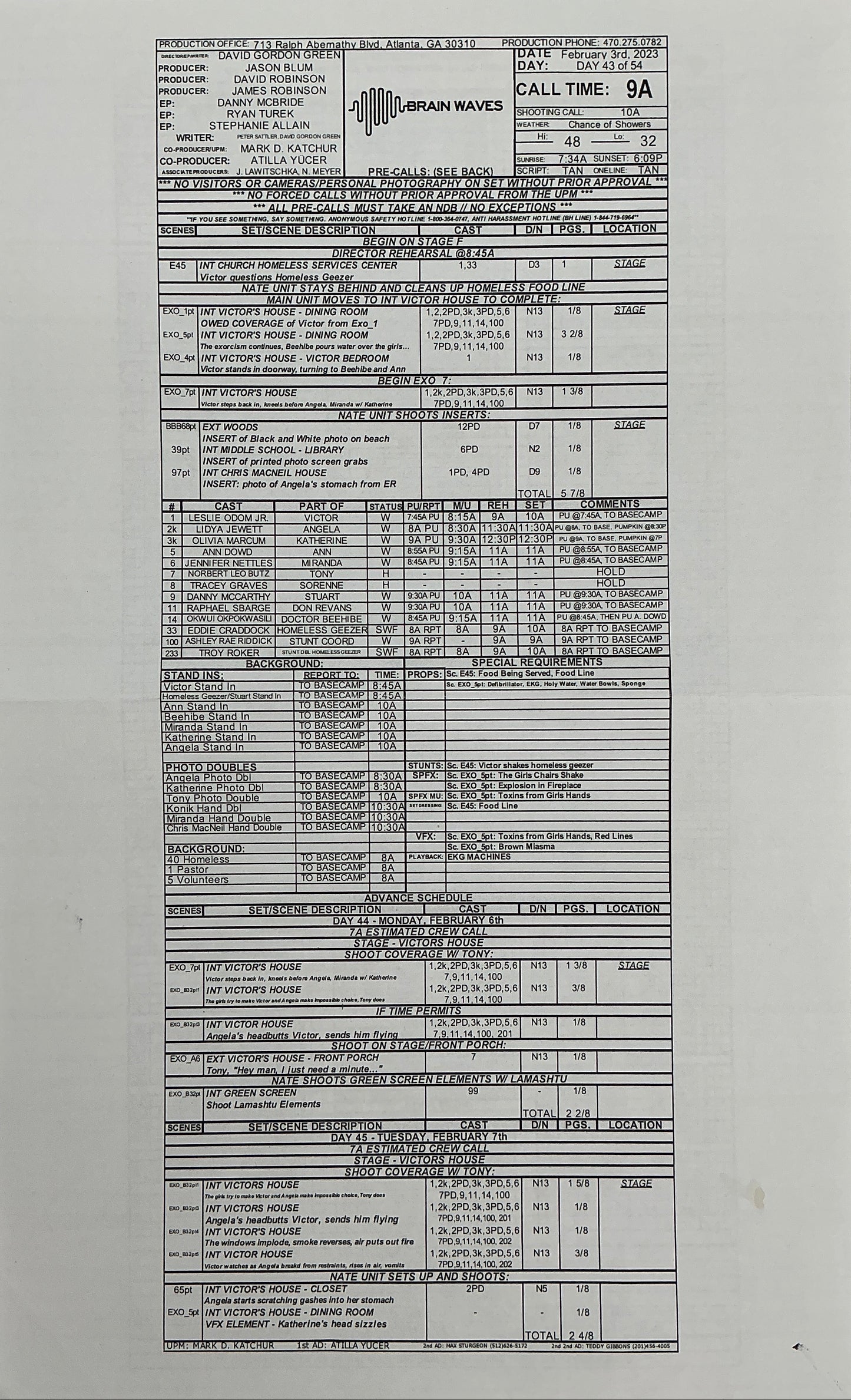 Call Sheet The Exorcist: Believer (2023) Memorabilia Y'allywood Props Victor's House