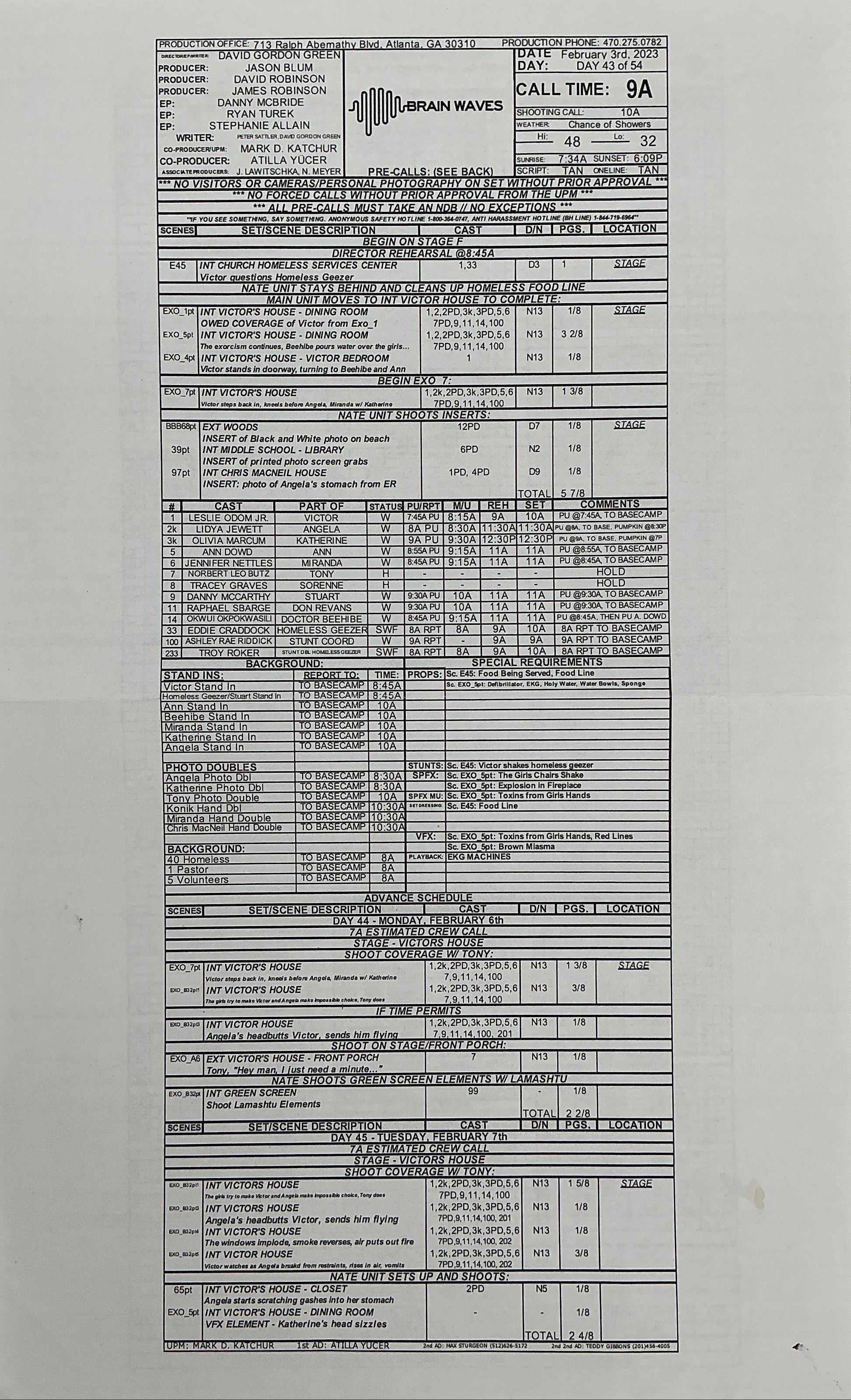 Call Sheet The Exorcist: Believer (2023) Memorabilia Y'allywood Props Victor's House