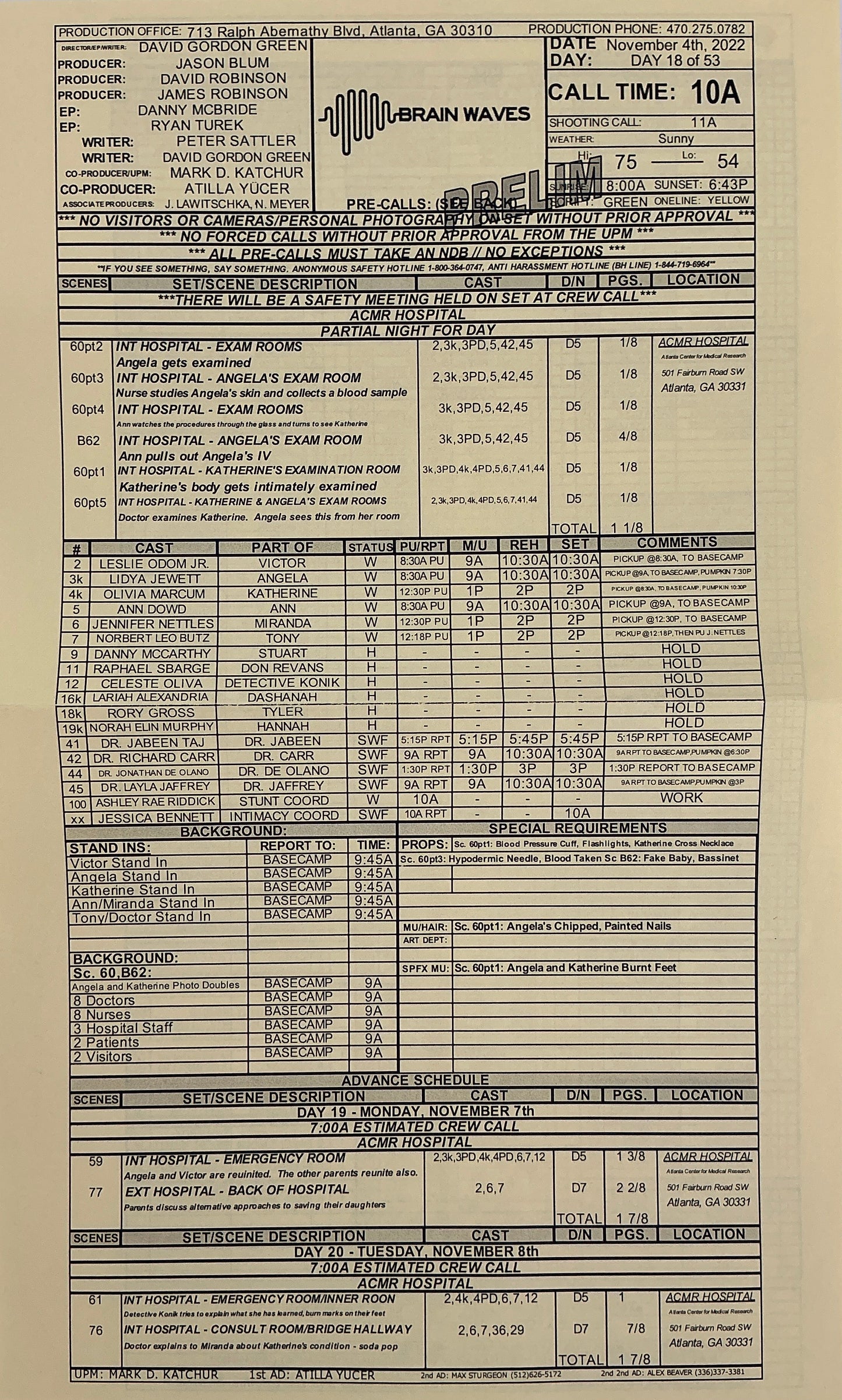 Call Sheet The Exorcist: Believer (2023) Memorabilia Y'allywood Props Hospital