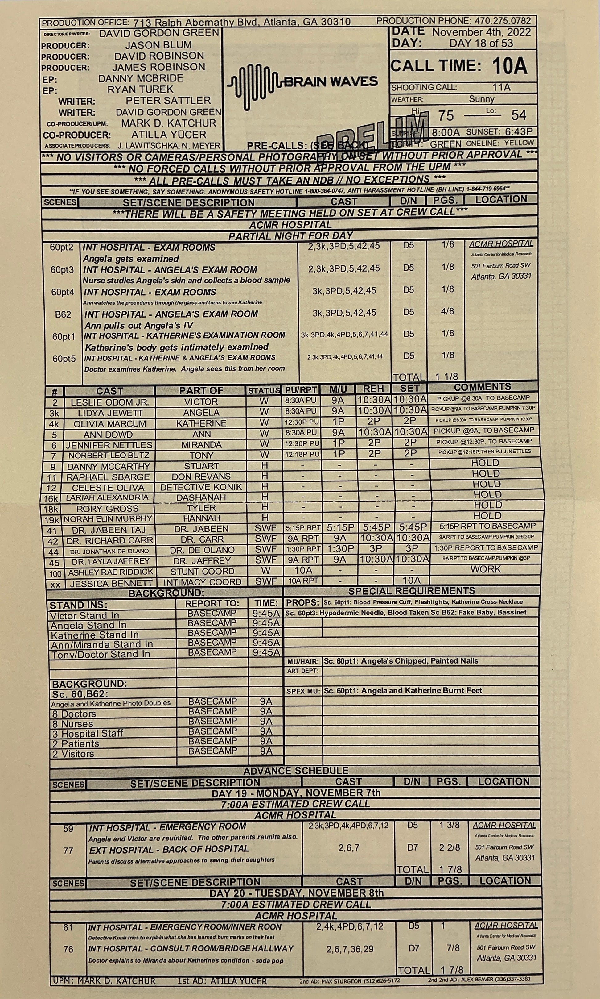 Call Sheet The Exorcist: Believer (2023) Memorabilia Y'allywood Props Hospital