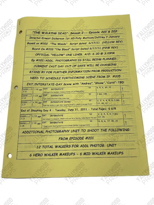 Yellow Sheet Oneliner S2E2&3 The Walking Dead Movie Prop Y'allywood Props