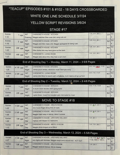 Shooting Schedule Episodes 1 & 2 Teacup (2024) Memorabilia Y'allywood Props