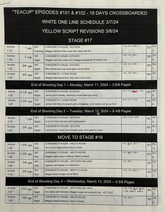 Shooting Schedule Episodes 1 & 2 Teacup (2024) Memorabilia Y'allywood Props