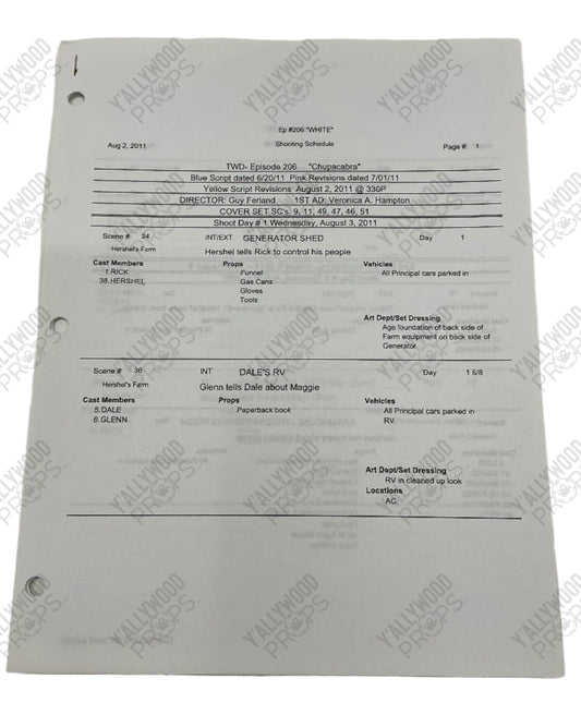 Shooting Schedule S2E6 The Walking Dead Movie Prop Y'allywood Props