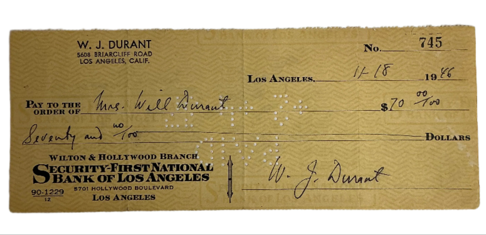 Will Durant Hand Signed Personal Check Autograph Y'allywood Props Option 1