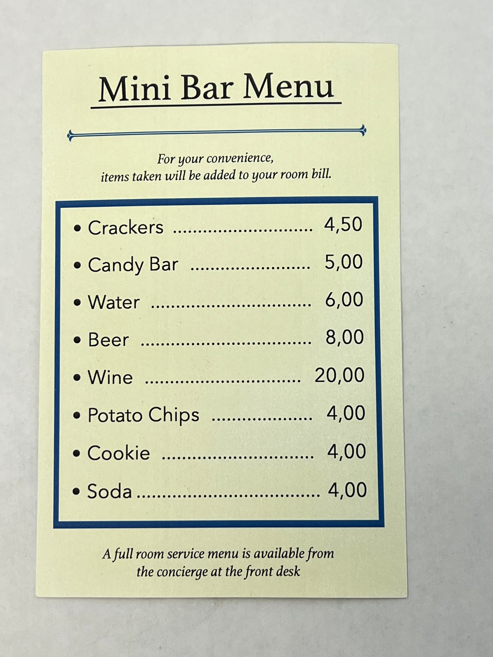 Johnny's Mini Bar Menu (Back-up) S6E6 Cobra Kai Movie Prop Y'allywood Props