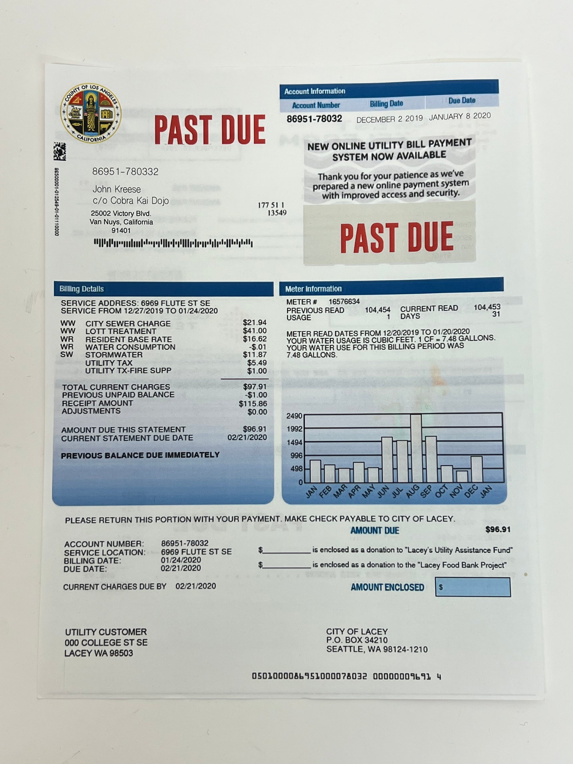 Kreese’s Past Due Bills on Desk S4E2 Cobra Kai Movie Prop Y'allywood Props LA County Electric Bill Back-up  