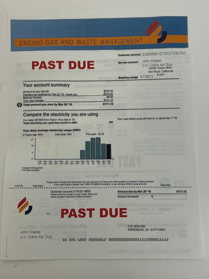 Kreese’s Past Due Bills on Desk S4E2 Cobra Kai Movie Prop Y'allywood Props Gas Bill Back-up  