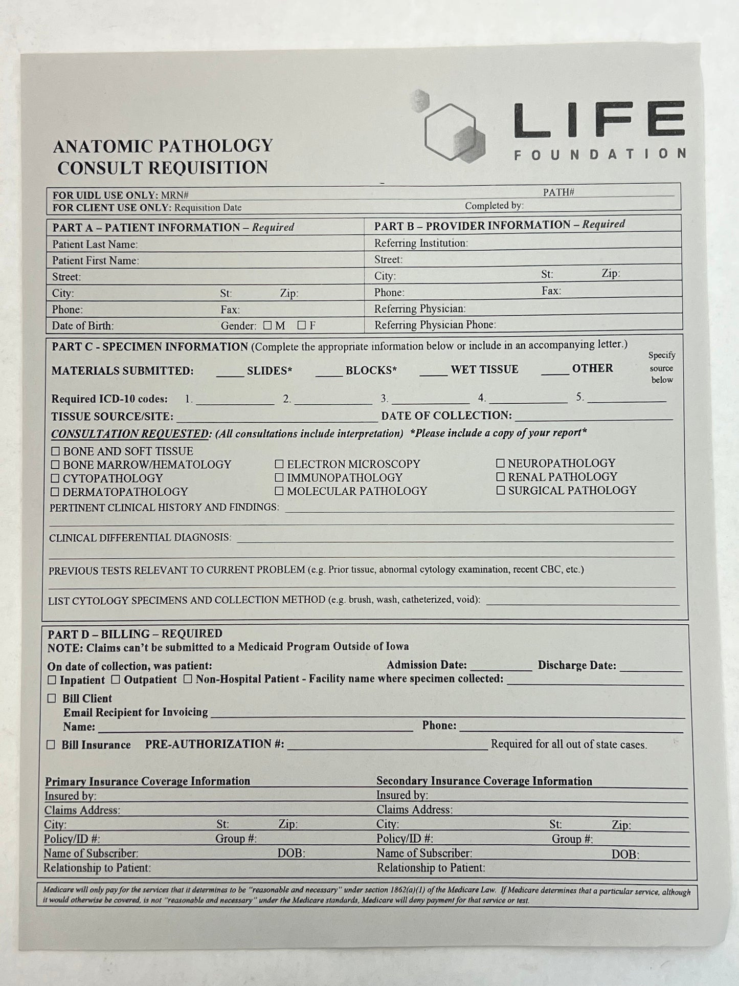 Life Foundation Form Venom (2018) Movie Prop Atlanta Brick Co Anatomic Pathology Consult Requisition  