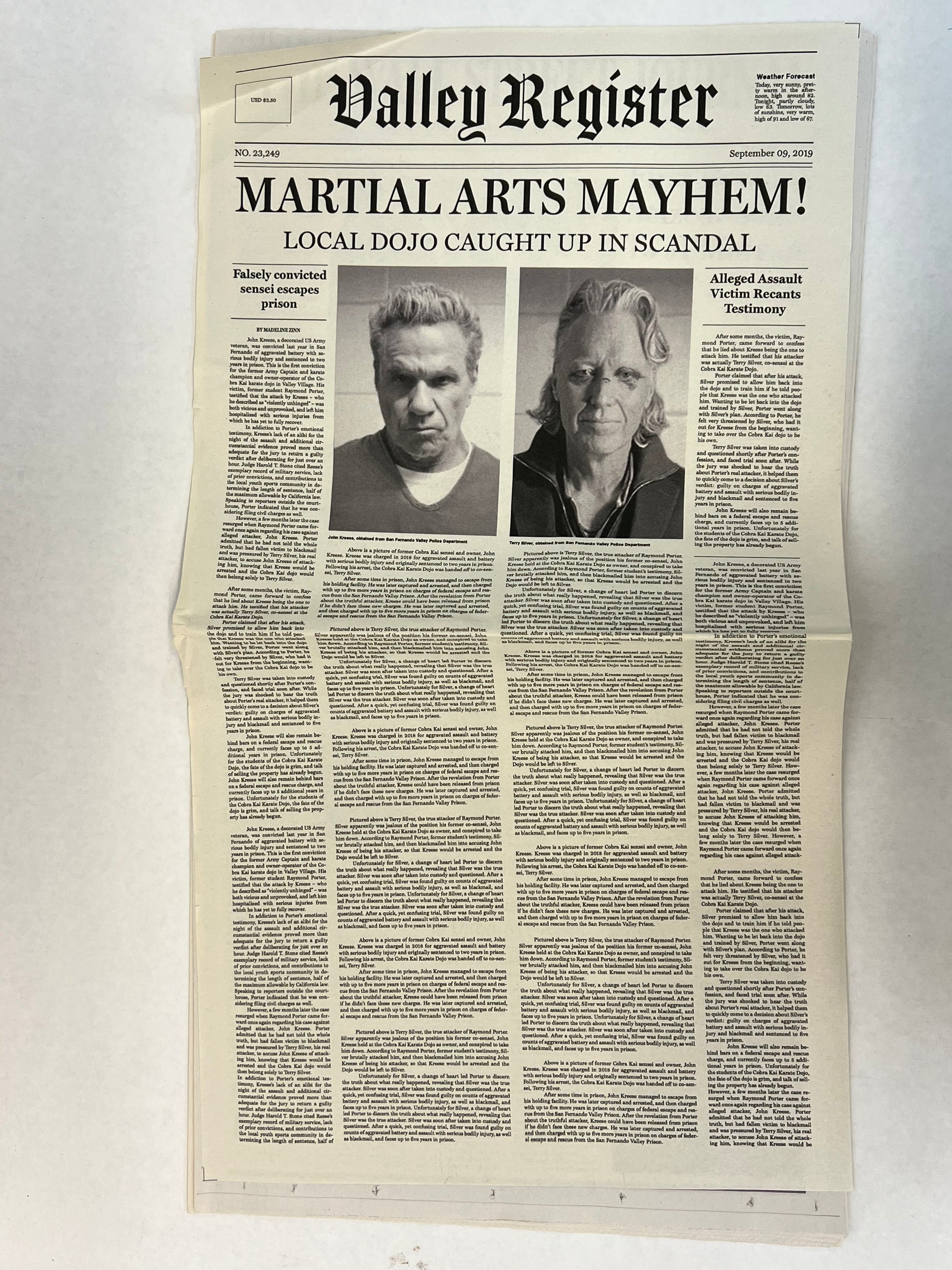 Kreese & Silver Newspaper S6E1 Cobra Kai Movie Prop Y'allywood Props   