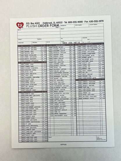 1990's Trade Show TY Order Form The Beanie Bubble (2023) Movie Prop Y'allywood Props Four Sheet Carbon Form