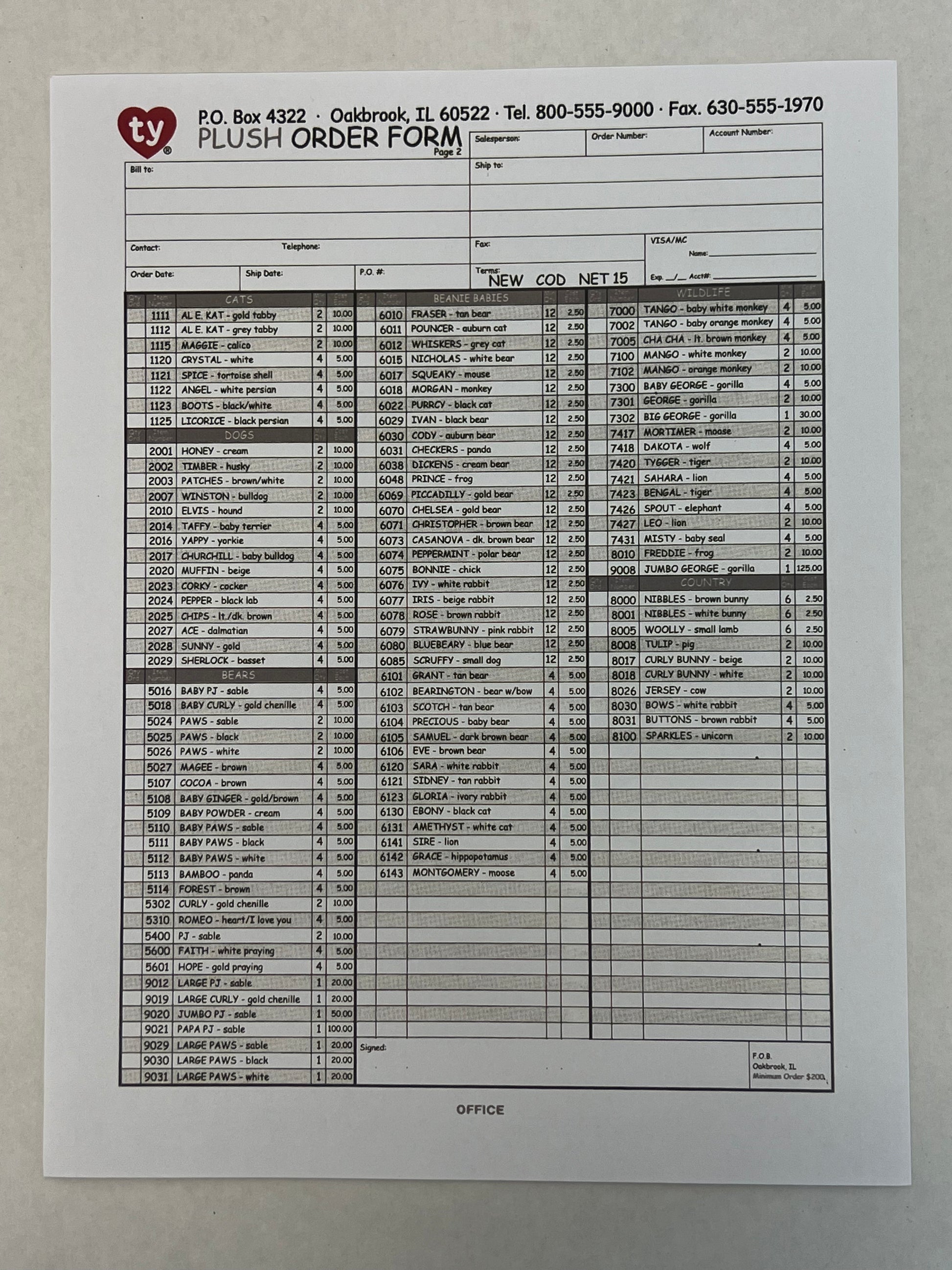 1990's Trade Show TY Order Form The Beanie Bubble (2023) Movie Prop Y'allywood Props Single Paper Form