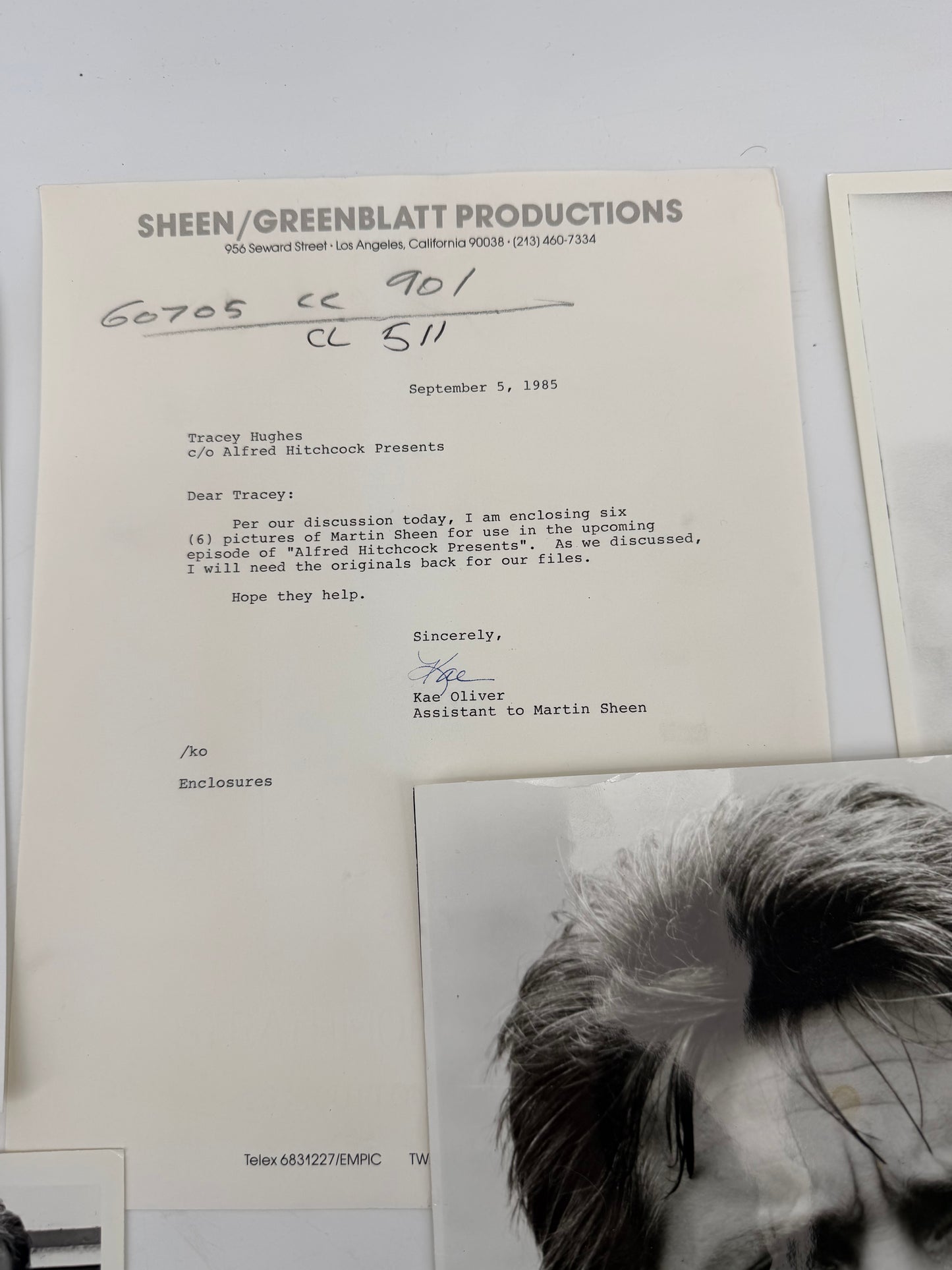 Martin Sheen Photos w/ Letter from his Assistant for Alfred Hitchcock Presents Movie Prop Y'allywood Props
