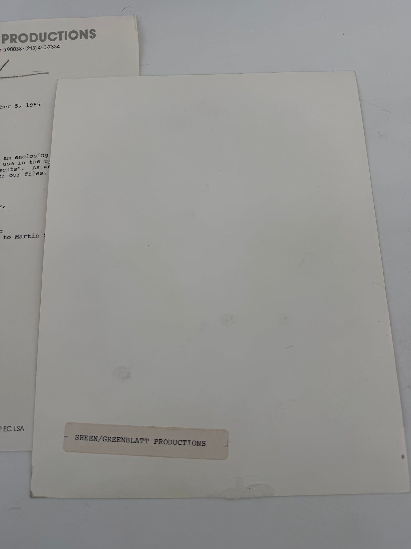 Martin Sheen Photos w/ Letter from his Assistant for Alfred Hitchcock Presents Movie Prop Y'allywood Props