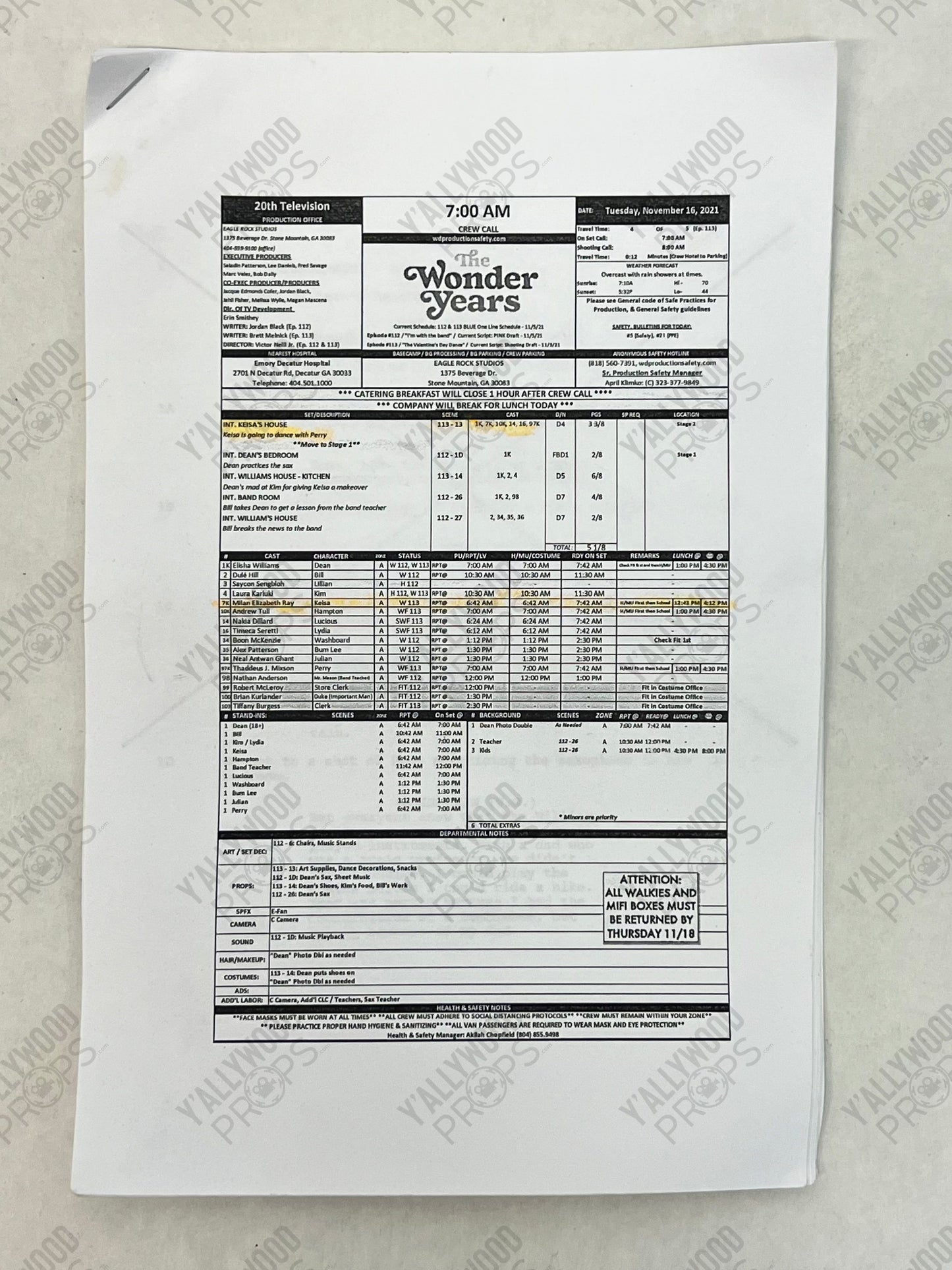 The Wonder Years (2021) Call Sheet & Script S1E13 Movie Prop Y'allywood Props