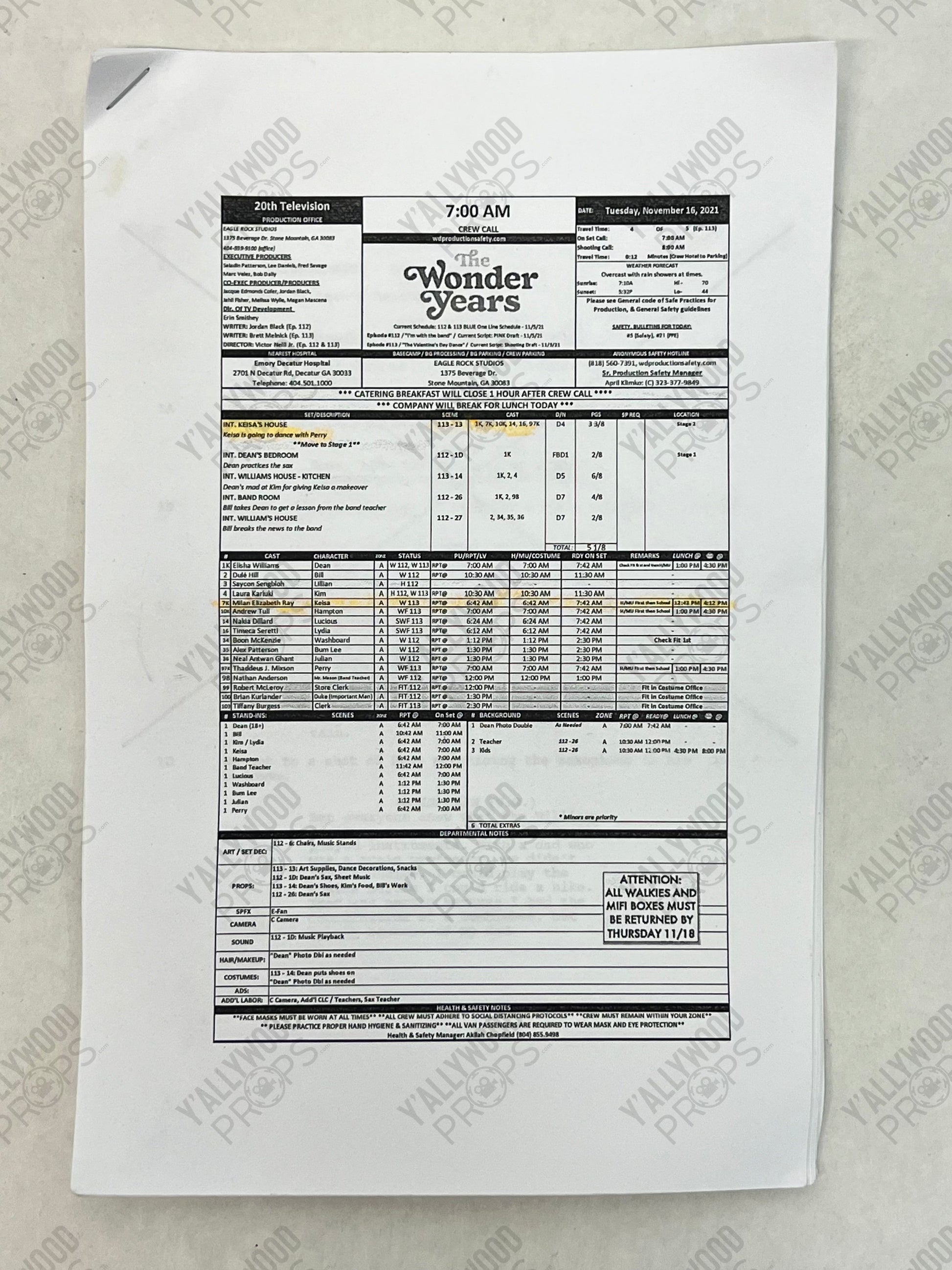 The Wonder Years (2021) Call Sheet & Script S1E13 Movie Prop Y'allywood Props