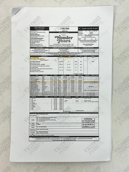 The Wonder Years (2021) Call Sheet & Script S1E13 Movie Prop Y'allywood Props