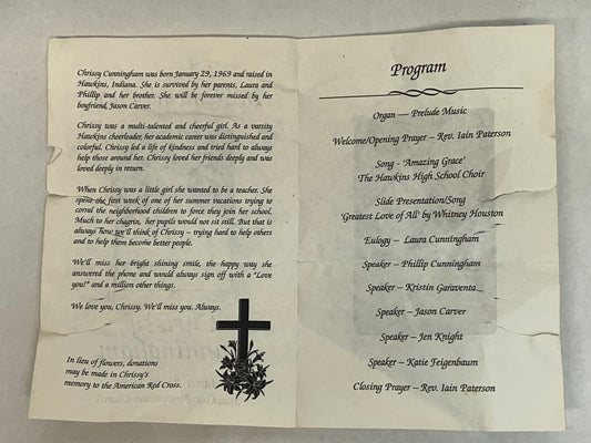 Chrissy Cunningham Funeral Program S4E5 Stranger Things Movie Prop Y'allywood Props